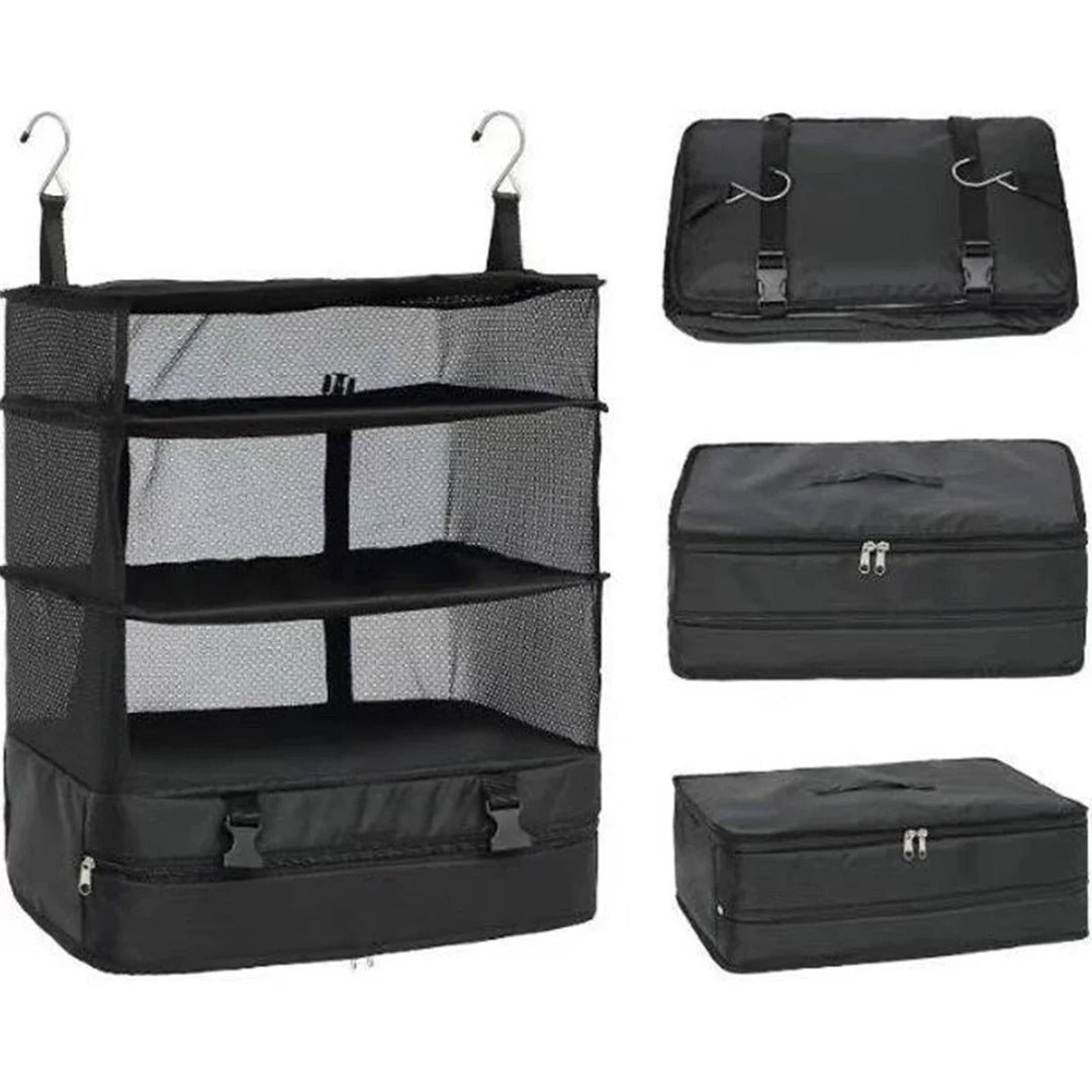 BowLift | Packelier Suitcase Organizer | Hanging Shelf for Travel | 3 Compartments | Foldable & Water-Resistant | Black
