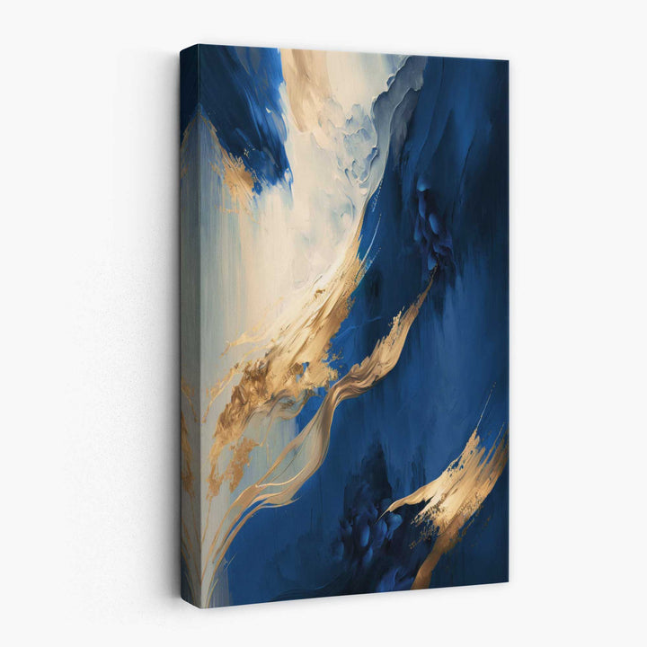 Abstract blue and gold canvas wall art color stripes No. 3 | Bowlift