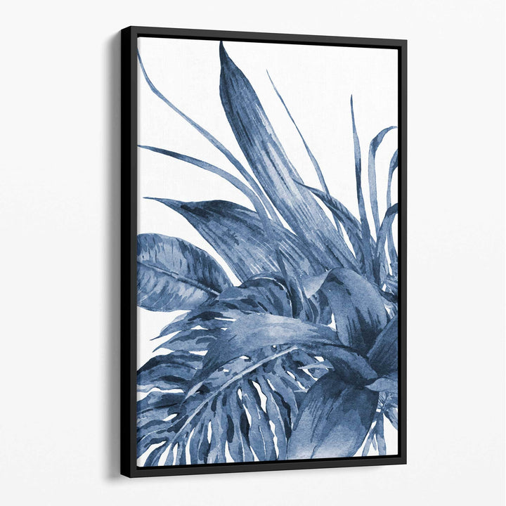 Abstract canvas with navy blue tropical leaves | Bowlift