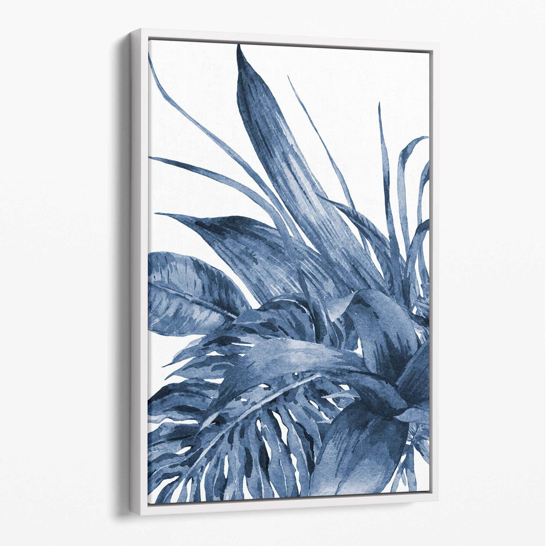 Abstract canvas with navy blue tropical leaves | Bowlift