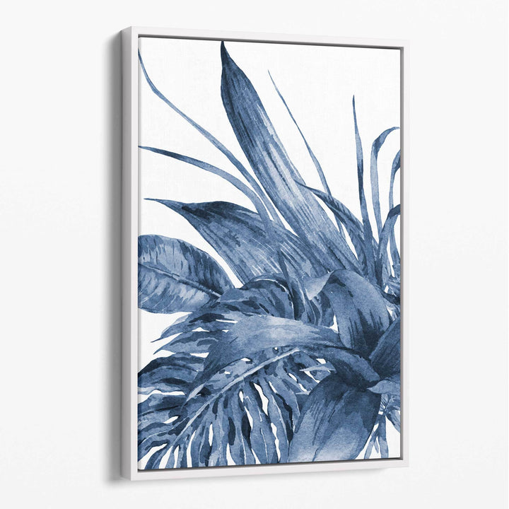 Abstract canvas with navy blue tropical leaves | Bowlift