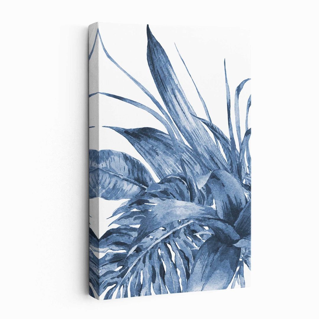 Abstract canvas with navy blue tropical leaves | Bowlift