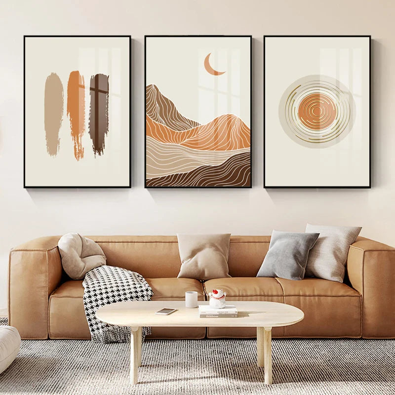 Abstract Geometric Taupe Terracotta Landscape Sun Moon Wall Art Fine Art Canvas Prints Pictures For Living Room Bedroom Art Decor | Bowlift