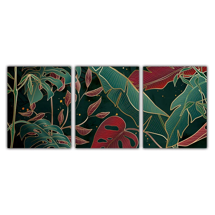 Modern Abstract Tropical Botany Wall Art Fine Art Canvas Prints Red Green Palm Leaves Posters Pictures For Living Room Hotel Room Decor | Bowlift