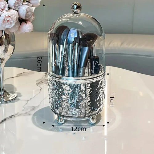 BowLift | Lumora Make-up Brush Organizer with Lid | Dustproof & Rotatable | For Brushes, Lipsticks & Perfume | 360° Rotating | Silver/Gray