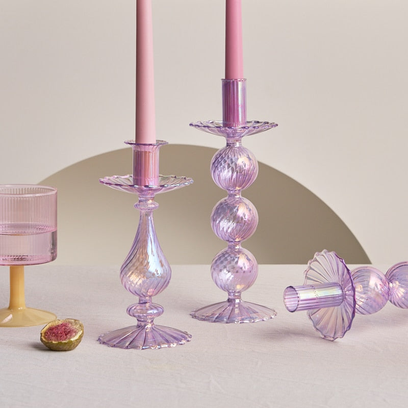 Ribbed Glass Candle Holders - Lilac | Bowlift