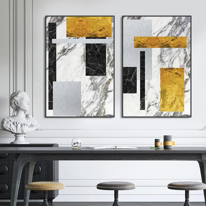 Black Golden Block Marble Abstract Wall Art Fine Art Canvas Prints Modern Geometric Pictures For Living Room Home Office Art Decor | Bowlift
