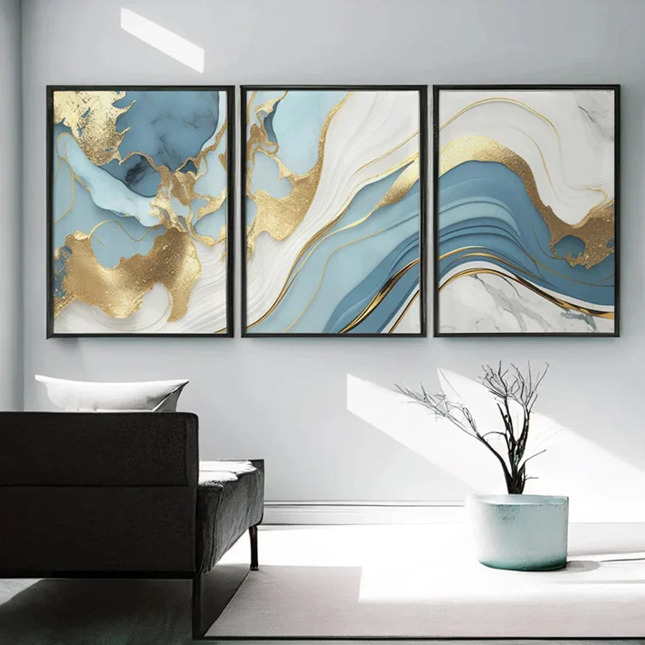 Modern Abstract Golden Blue Liquid Marble Print Wall Art Fine Art Canvas Prints Pictures For Living Room Bedroom Nordic Home Decor | Bowlift