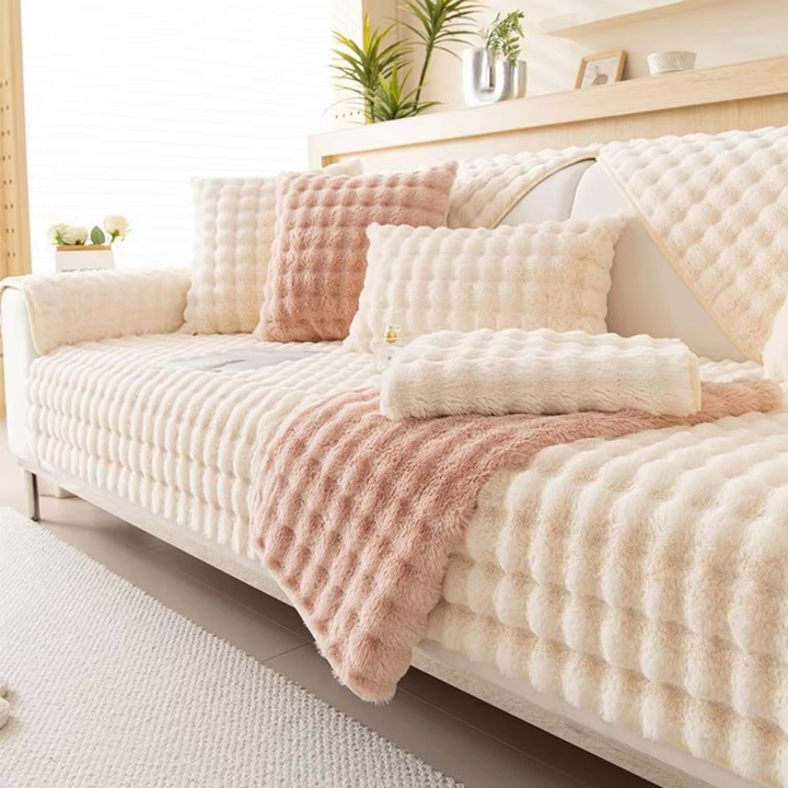 BowLift | Plush Bubble-Textured Faux Rabbit Fur Sofa Slipcover - Non-Slip Couch Cushion Cover for Living Room