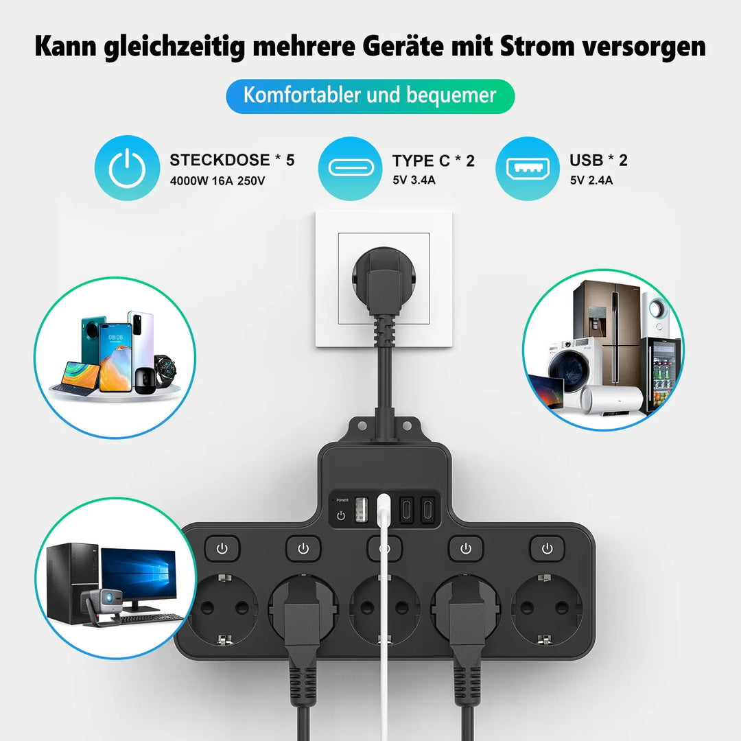 BowLift | Voltaro Pro 9-in-1 | Power Strip EU | 5 AC Outlets + 4 USB (2× Type-C) | Individual Switch | 16A | Short Cable 10 cm