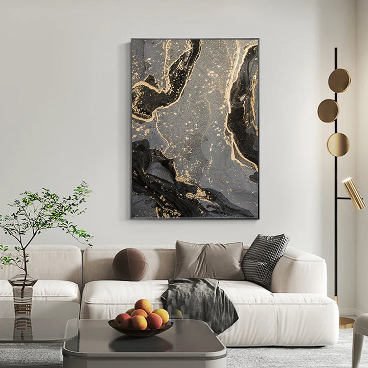 Abstract Black Gray Golden Liquid Marble Print Wall Art Fine Art Canvas Prints Pictures For Modern Apartment Living Room Home Office Decor | Bowlift