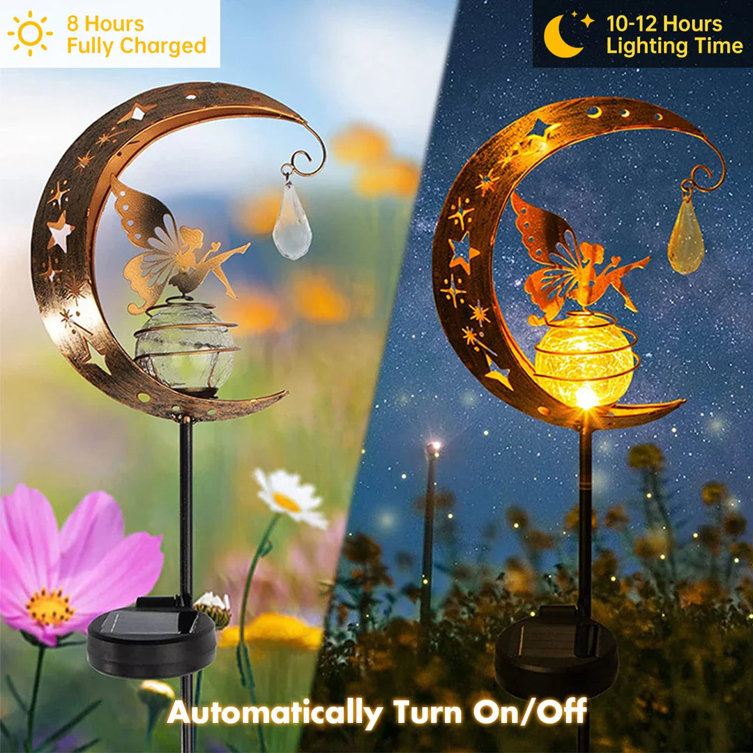 BowLift | Lunafeya Solar Garden Light with Moon & Fairy | Crackle Glass Ball | IP55 Waterproof | Romantic Decor for Path & Bed