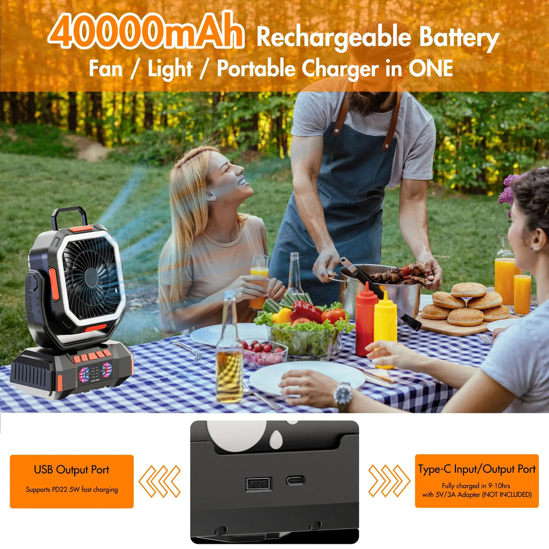 BowLift | Rechargeable Camping Fan with 40000mAh Battery & LED Lantern – F22