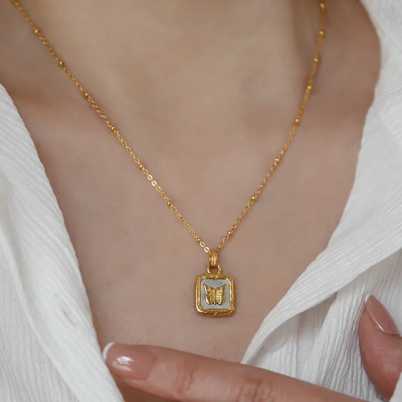 BowLift | Feminine Gold Accented Butterfly Square Pendant Necklace