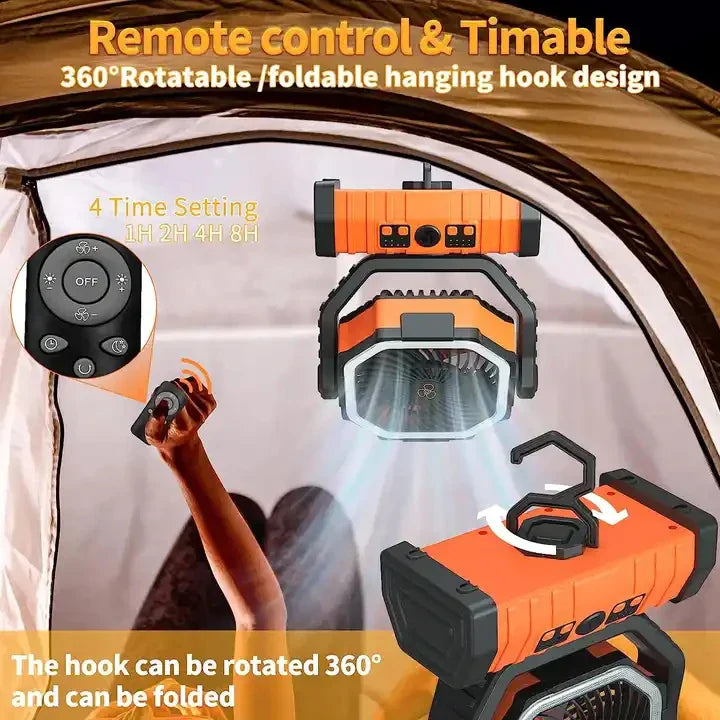 20000mAh Portable Rechargeable Fan — Battery-Operated Desk & Camping Fan with LED Light & Hook for Tent, Car, and Outdoor Trips | Bowlift