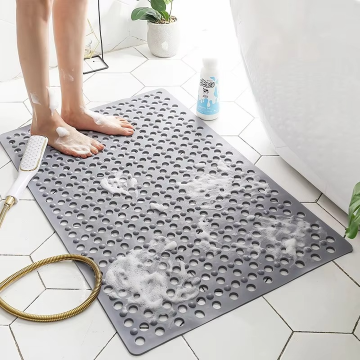 BowLift | Square Non-Slip Shower Mat with Suction Cups and Quick-Drain Round Hole Design