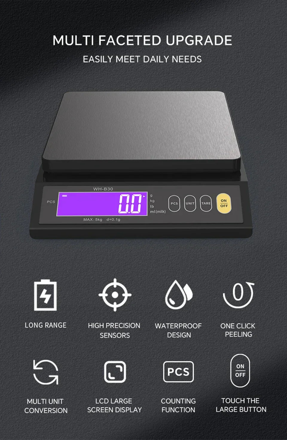 BowLift | 5 kg/0.1 g and 10 kg/1 g digital electronic kitchen scale, LCD display, fully waterproof stainless steel weighing tool for baking