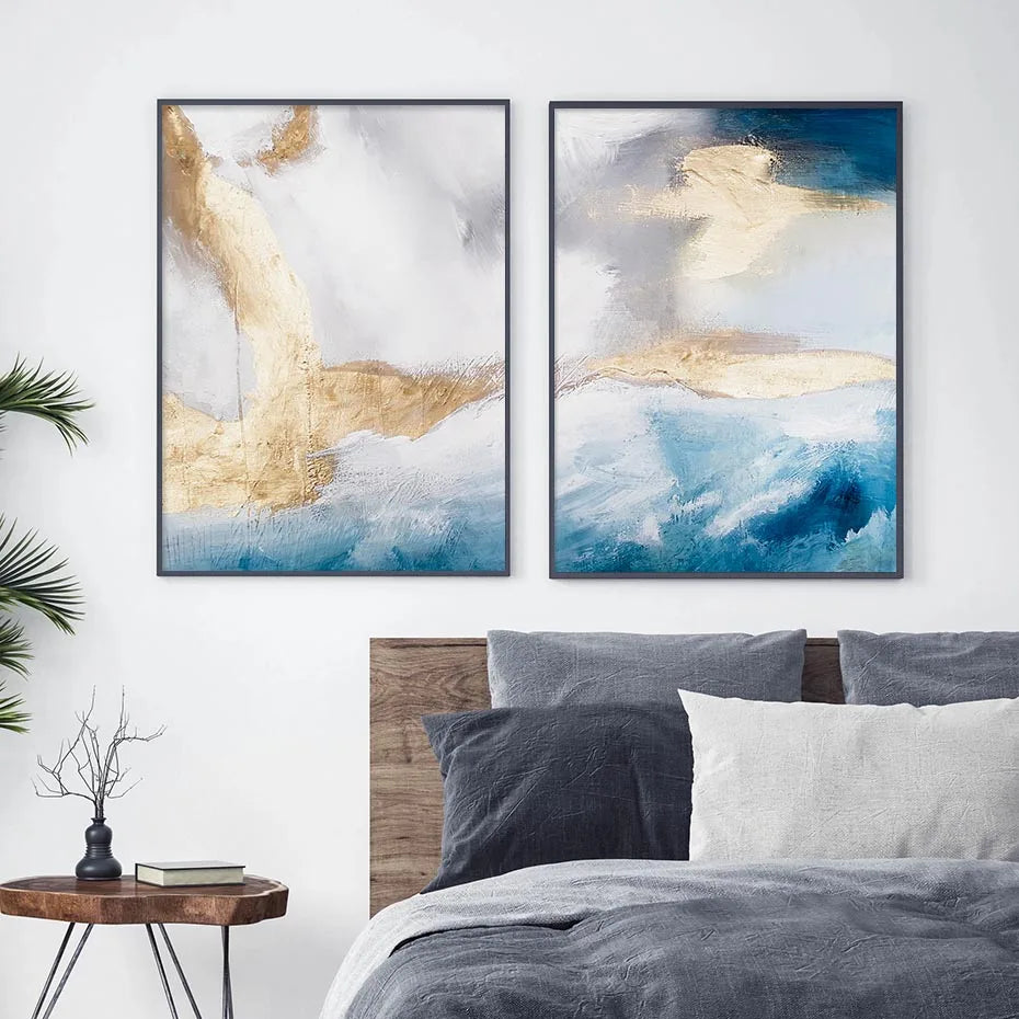 Serene Seascape Wall Art Abstract Ocean Waves With Golden Accents Fine Art Canvas Prints Pictures For Living Room Bedroom Nordic Home Decor | Bowlift