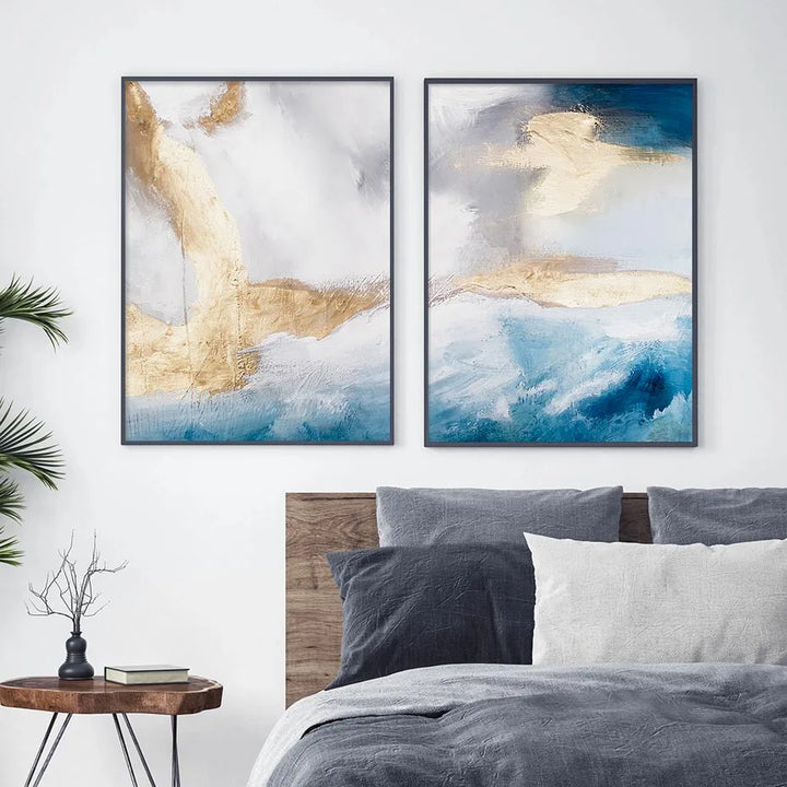 Serene Seascape Wall Art Abstract Ocean Waves With Golden Accents Fine Art Canvas Prints Pictures For Living Room Bedroom Nordic Home Decor | Bowlift