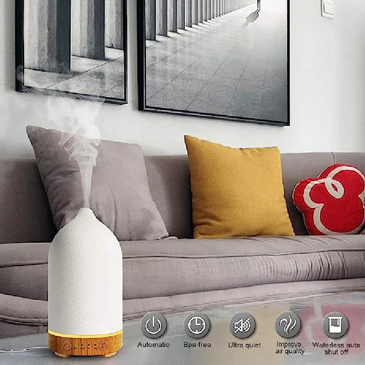 BowLift | Aromisca Ceramic Aroma Diffuser | 100 ml Ultrasonic Air Humidifier | 7 LED Colors & Timer | Handcrafted Design | EU Plug