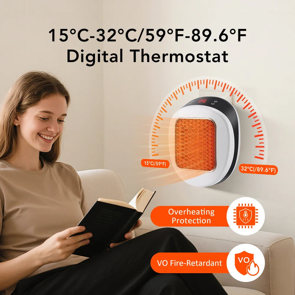 BowLift | ThermoLux Mini Wall Heater 600W | Compact Electric Heater with Remote Control | Wall Socket Heater with Thermostat & Timer | Quick Heat in 3 Seconds