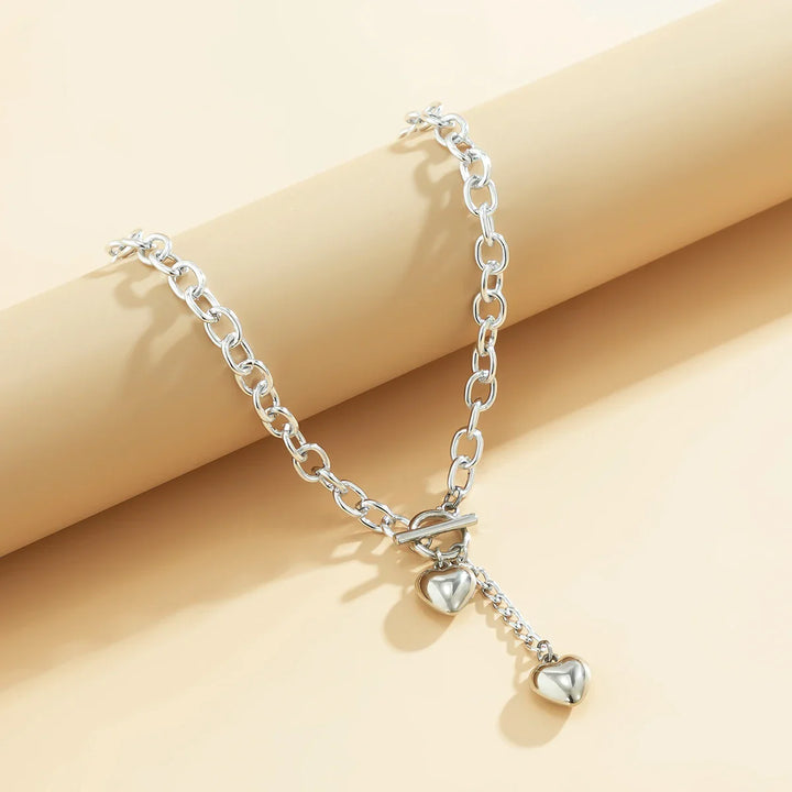 BowLift | Bold Chunky Chain Link Dual Heart Lariat Necklace & Bracelet