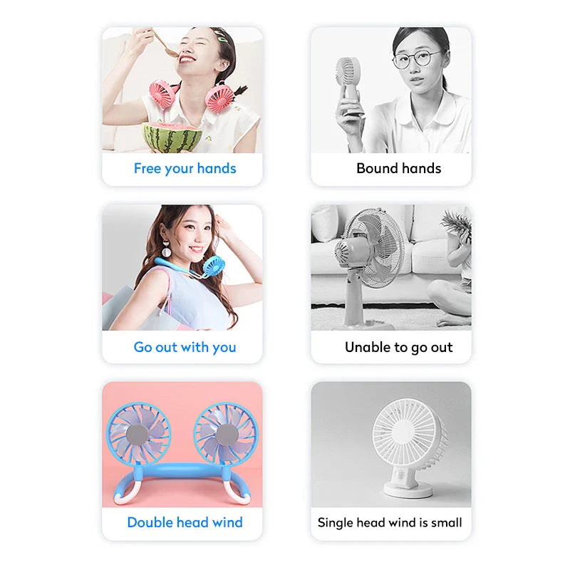 USB Portable Hands-Free Neck Fan - Rechargeable Mini Sports Fan, 3-Speed Adjustable Dual Fan for Home Office & Outdoor Use | Bowlift
