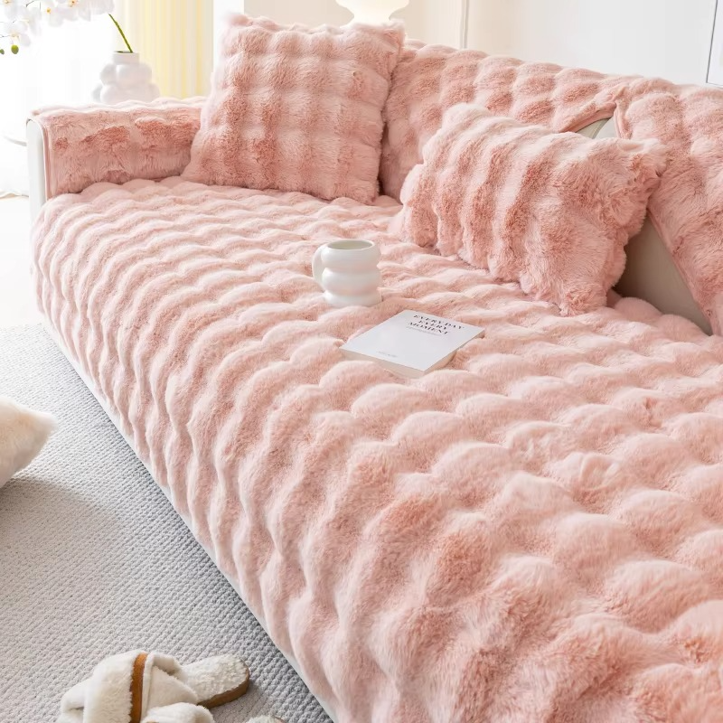 BowLift | Plush Bubble-Textured Faux Rabbit Fur Sofa Slipcover - Non-Slip Couch Cushion Cover for Living Room