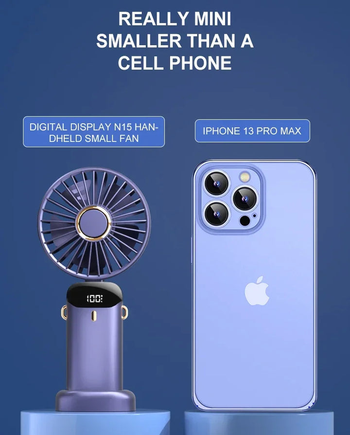 5000mAh Handheld Mini Fan – Wireless USB Rechargeable Portable Fan with Digital Display, Phone Holder, 5-Speed Foldable Neck Hanging Fan | Bowlift