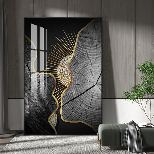 Abstract Black Golden Tree Rings Wall Art Fine Art Canvas Prints Light Luxury Pictures For Living Room Foyer Entranceway Reception Room Art Decor | Bowlift