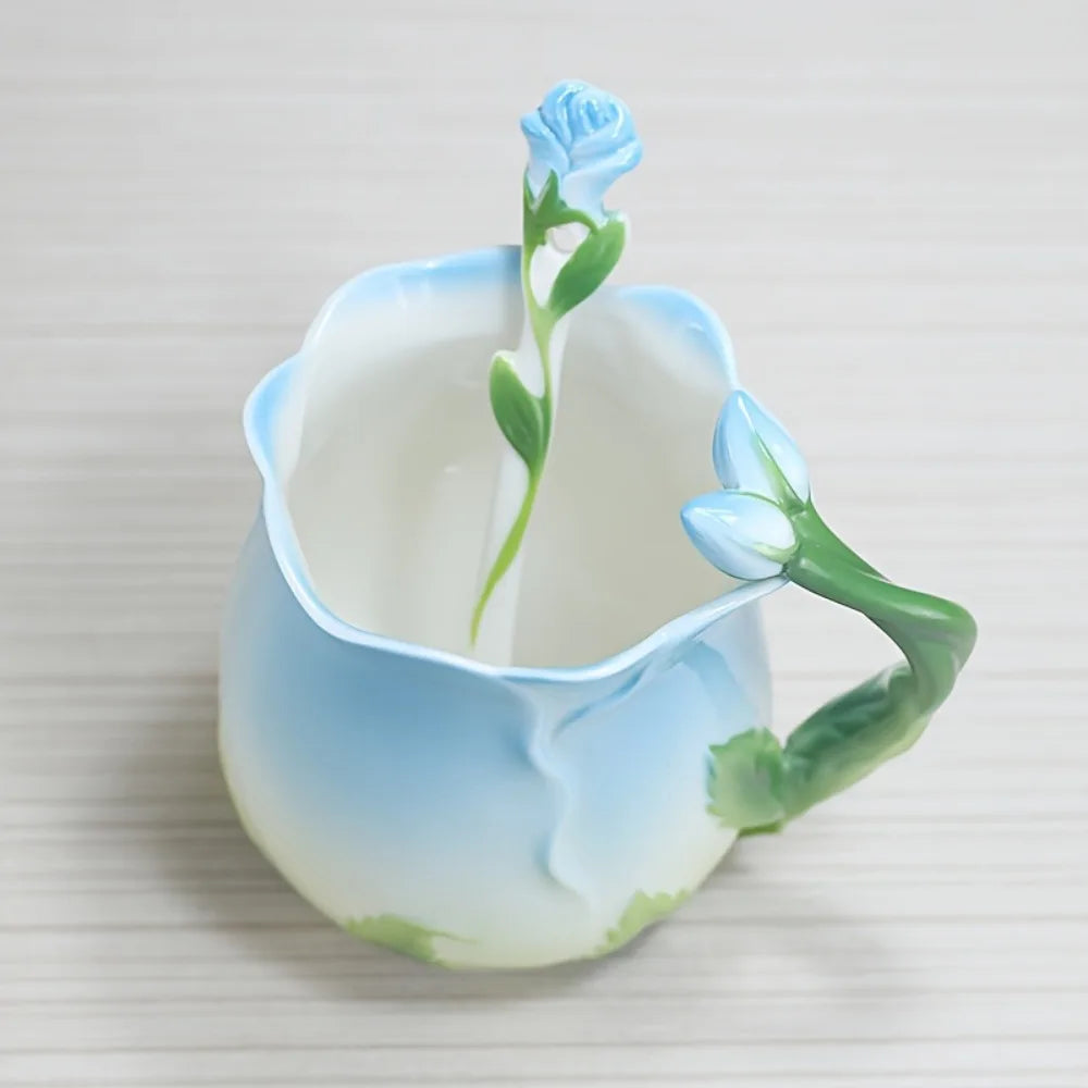 BowLift | 3D Rose Flower Coffee Mug Ceramic Coffee Mugs Cute Aesthetic Water Cups with Spoon Summer Winter Drinking Utensils Valentine's Day Gifts