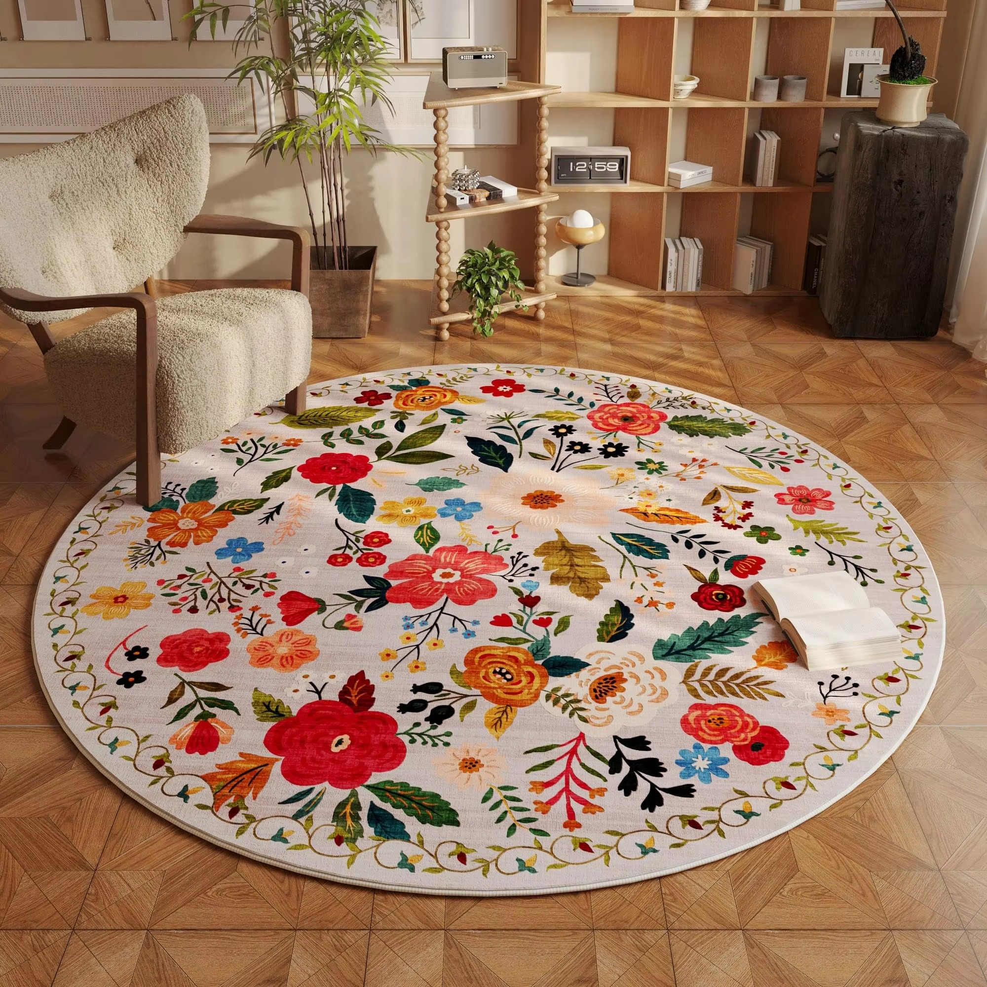 BowLift | Beige Round Floral Rug with Washable Non-Slip Backing, Fade Resistant for Living Room