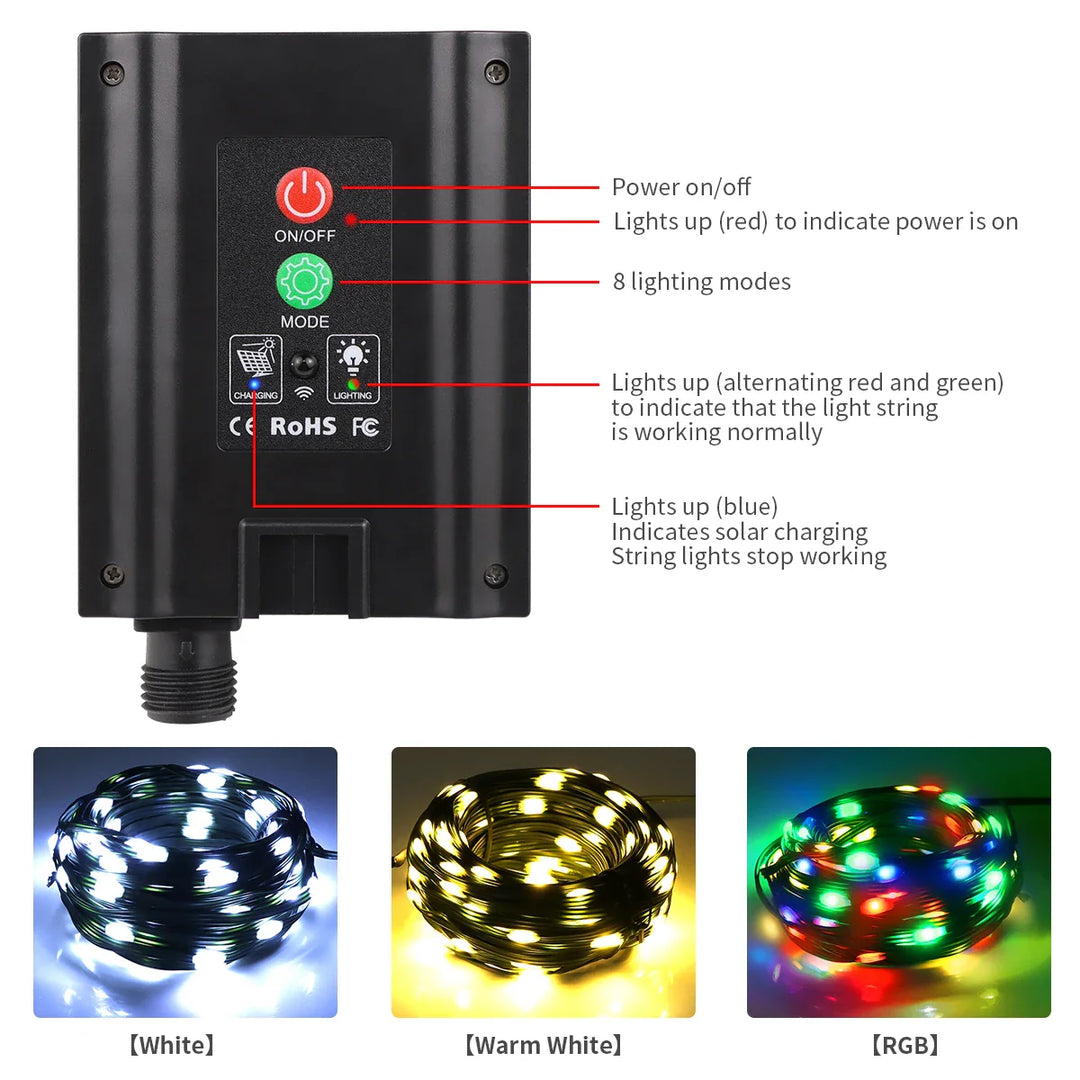 BowLift | Solar String Lights 100M LumiSol ProLine | 8 Modes | IP65 Waterproof | Extra Bright LEDs | Remote Control & Quick Charge | For Garden, Wedding & Christmas