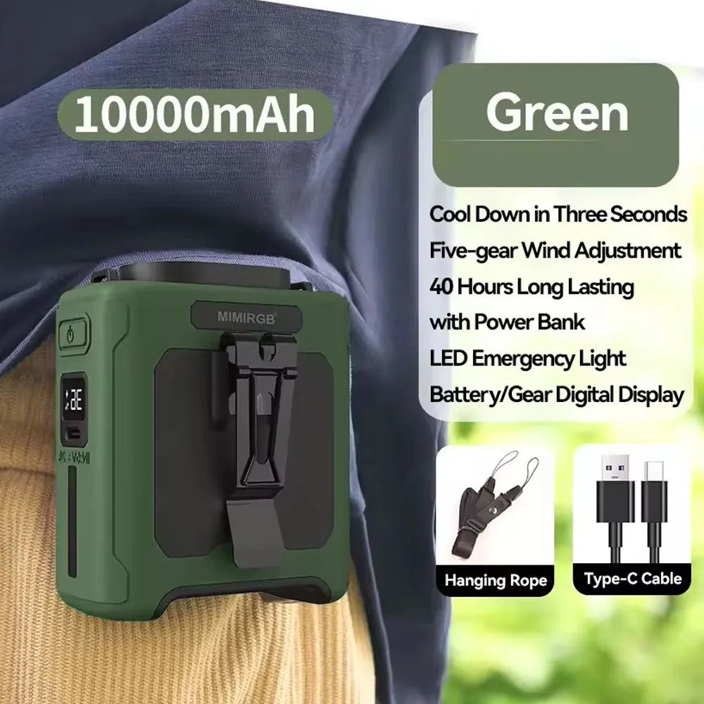 10000mAh Waist Clip Fan with Power Bank – Portable Hands-Free Rechargeable Fan | 5-Speed Cooling, Battery Display, USB Charging, Outdoor Wearable Fan | Bowlift