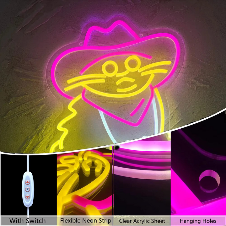 BowLift | USB-Enabled Cat Cowboy Neon Light - Perfect for Bedrooms, Game Rooms, and Parties