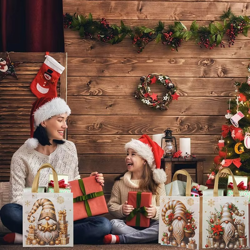 BowLift | Christmas Santa Claus Non-Woven Gift Tote Bags with Handles, Festive Reusable Gift Packaging, Set of 4–12