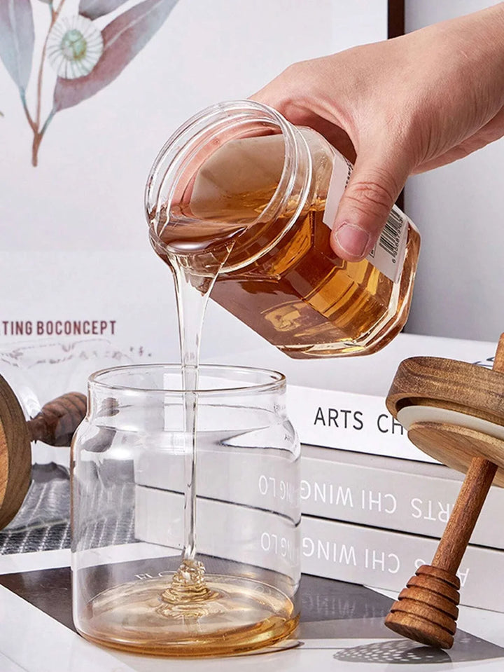 BowLift | MeliVita Honey jar with wooden lid & stirring stick | Airtight glass storage container | Transparent honey vessel for kitchen & breakfast table