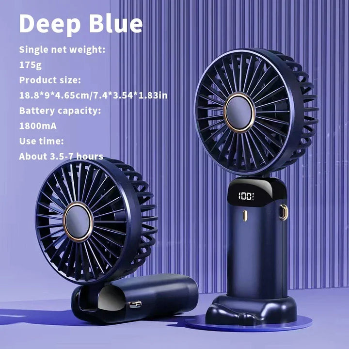 Handheld Mini Fan – 3000mAh Foldable Portable Desk & Neck Hanging Fan with 5 Speeds, USB Rechargeable & Phone Stand Display | Bowlift