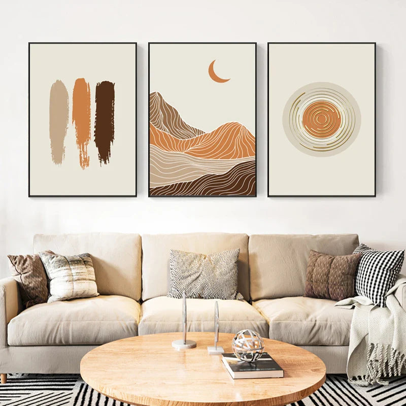 Abstract Geometric Taupe Terracotta Landscape Sun Moon Wall Art Fine Art Canvas Prints Pictures For Living Room Bedroom Art Decor | Bowlift