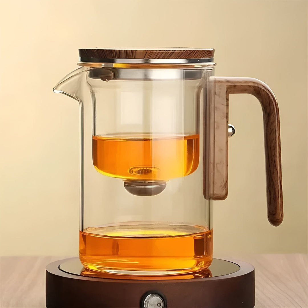 Glass teapot with wooden handle – One-click filter | Perfect for loose tea & Puer | Bowlift