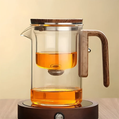 Glass teapot with wooden handle – One-click filter | Perfect for loose tea & Puer | Bowlift
