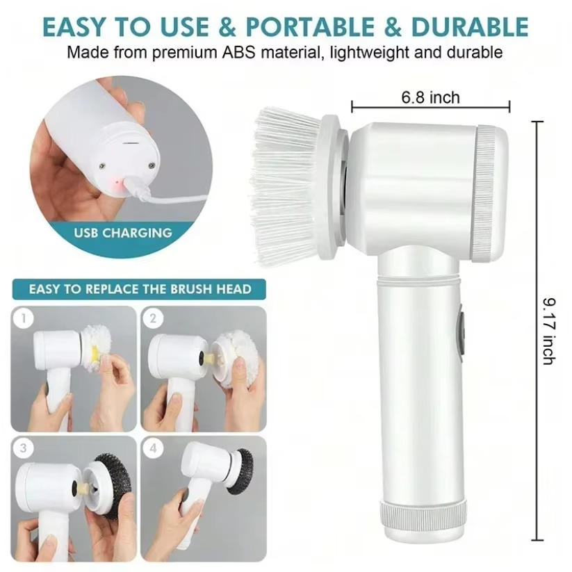 BowLift | Electric Spin Scrubber with 5 Replaceable Brush Heads, Powerful Cordless Bathroom Cleaning Brush