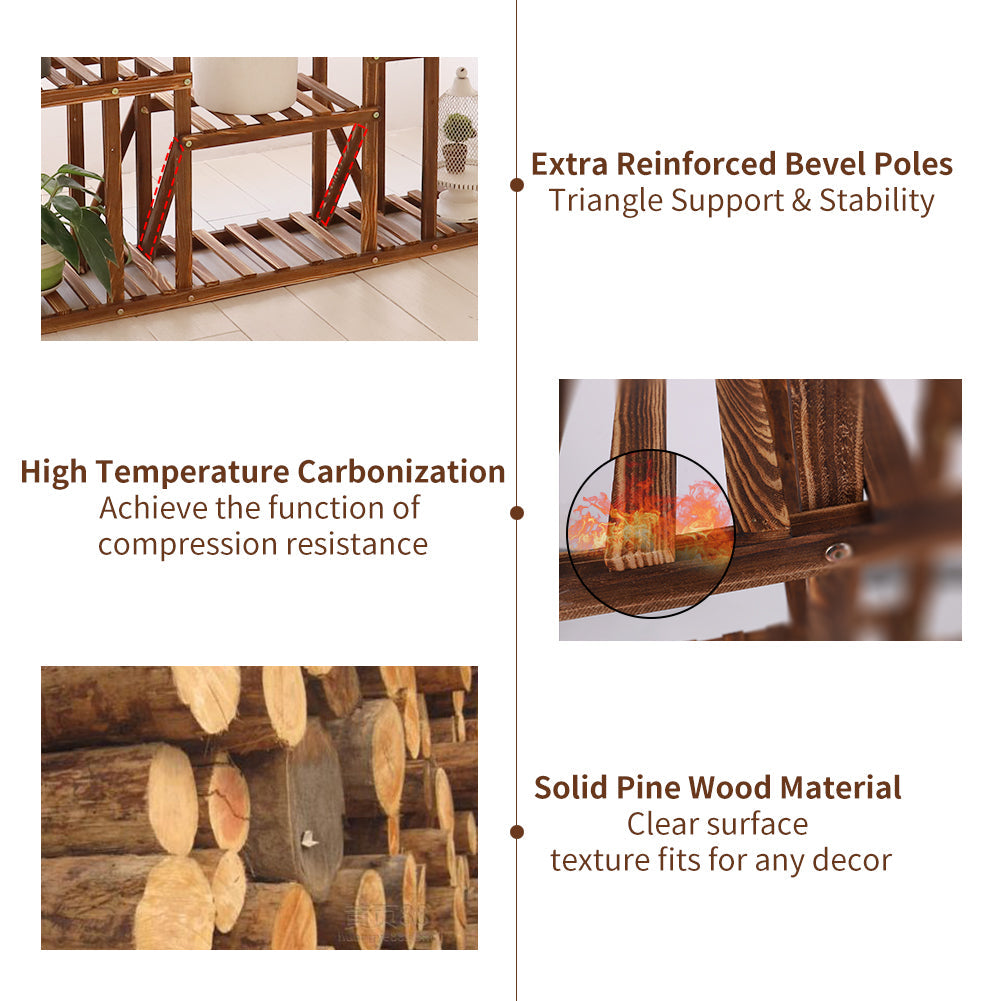 Large 11-tier Wooden Plant Shelf | Carbonized, Wide Flower Stand for Indoor & Outdoor | Bowlift