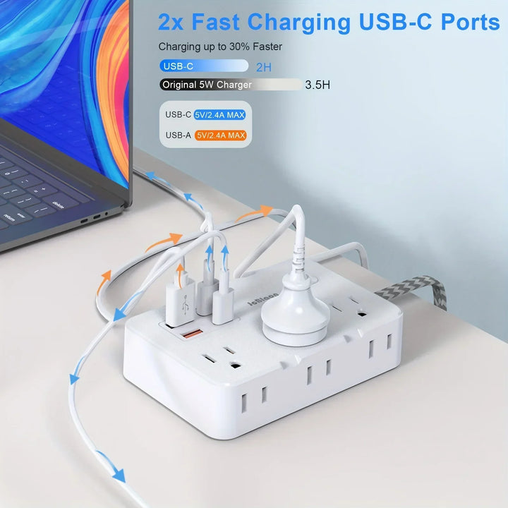 Smart home power strip with USB fast charging function | US plug AC outlet with woven extension cord and network filter | Bowlift