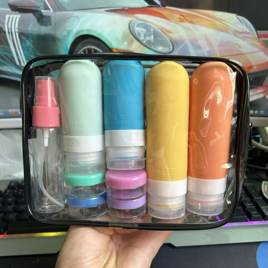 BowLift | Travellina Travel Set | 16-Piece Refillable Bottle Set in Zipper Case | Leak-Proof & Cabin Luggage Suitable | For Shampoo, Cosmetics & Care Products