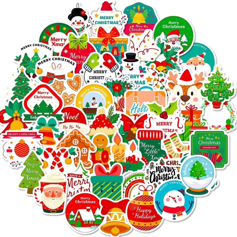 BowLift | 50pcs Waterproof Christmas Vinyl Stickers for Holiday Decorating, Gifts, and Party Favors
