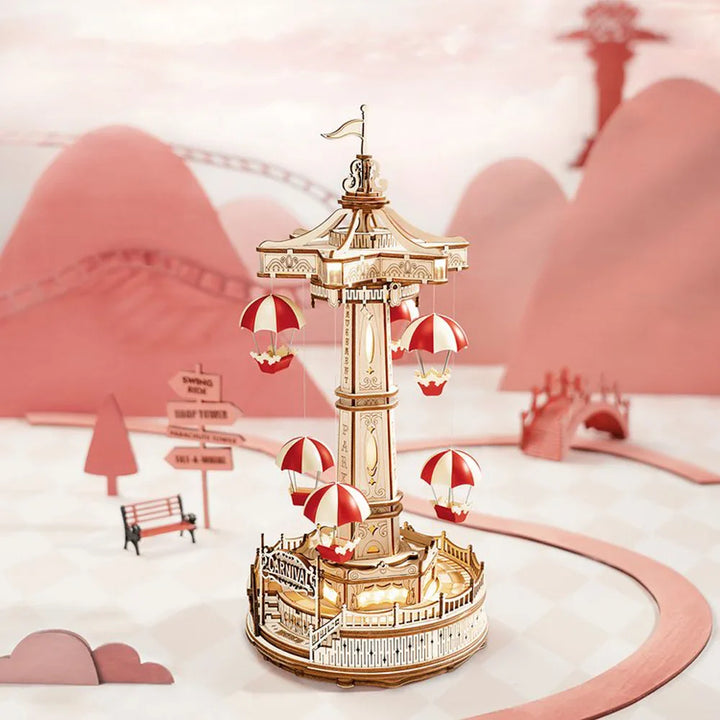 BowLift | ROKR Parachute Tower Music Box | 3D Wooden Puzzle with Movement & Light | DIY Kit 184 Pieces | Magical Carnival for Kids & Adults
