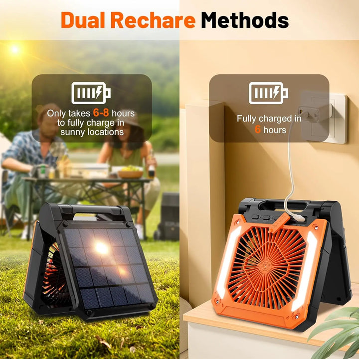 20000mAh Portable Electric Fan with LED Light — USB, Solar & Car Charging for Camping | Bowlift
