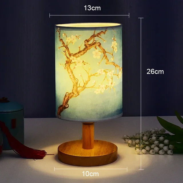 BowLift | Dimmable LED bedside lamp with fabric shade in plum blossom – Perfect bedroom night lamp