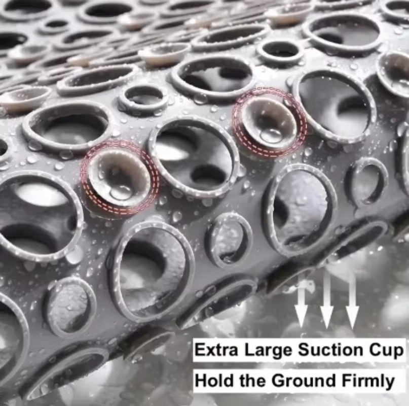 BowLift | Square Non-Slip Shower Mat with Suction Cups and Quick-Drain Round Hole Design